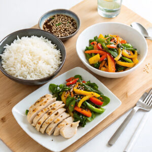 Clean meal prep with chicken, rice, and vegetables